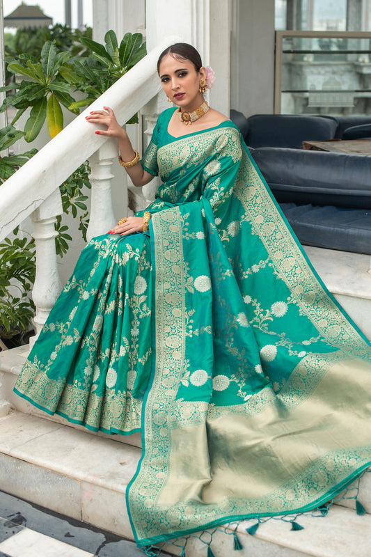 Vsaree Sea Green Katan Silk Saree With traditional Jamdani type weaving border And Blouse