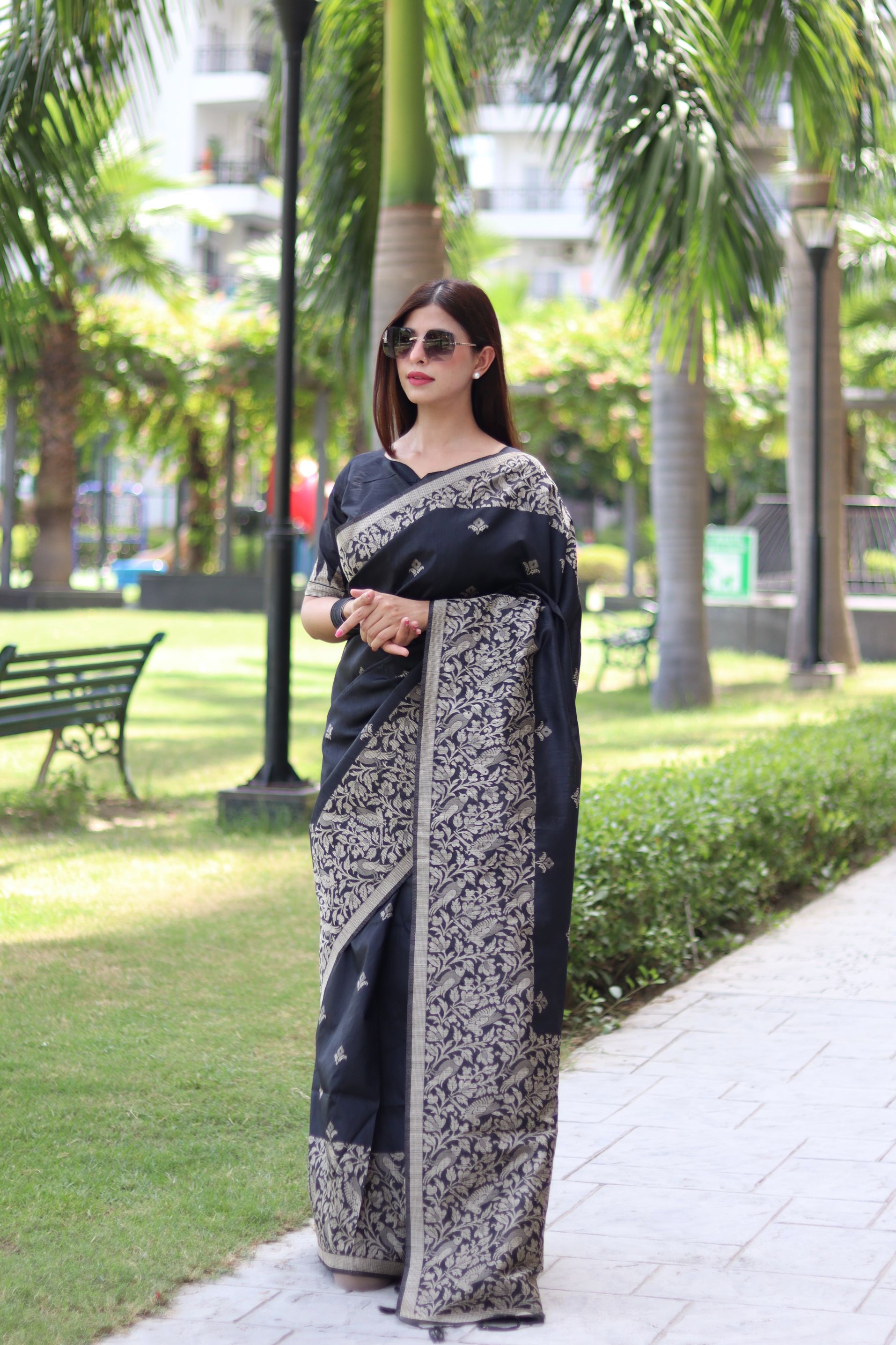 Vsaree Black Raw Silk Saree With All over weaving Butties And weving pallu and Blouse