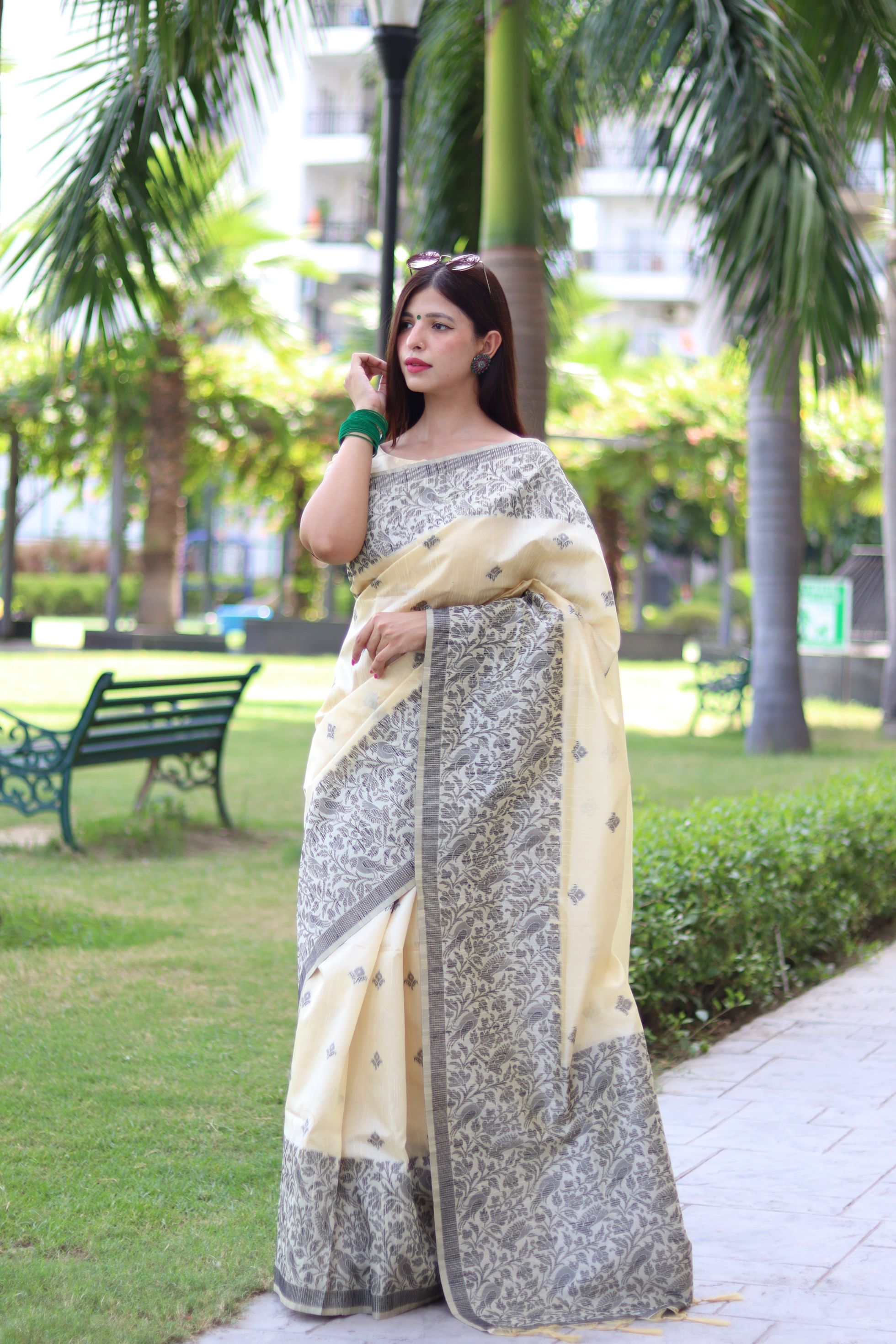 Vsaree Cream Raw Silk Saree With All over weaving Butties And weving pallu and Blouse