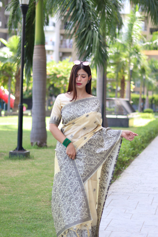 Vsaree Cream Raw Silk Saree With All over weaving Butties And weving pallu and Blouse