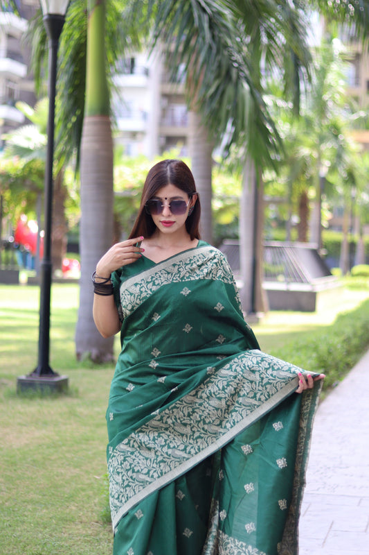 Vsaree Green Raw Silk Saree With All over weaving Butties And weving pallu and Blouse