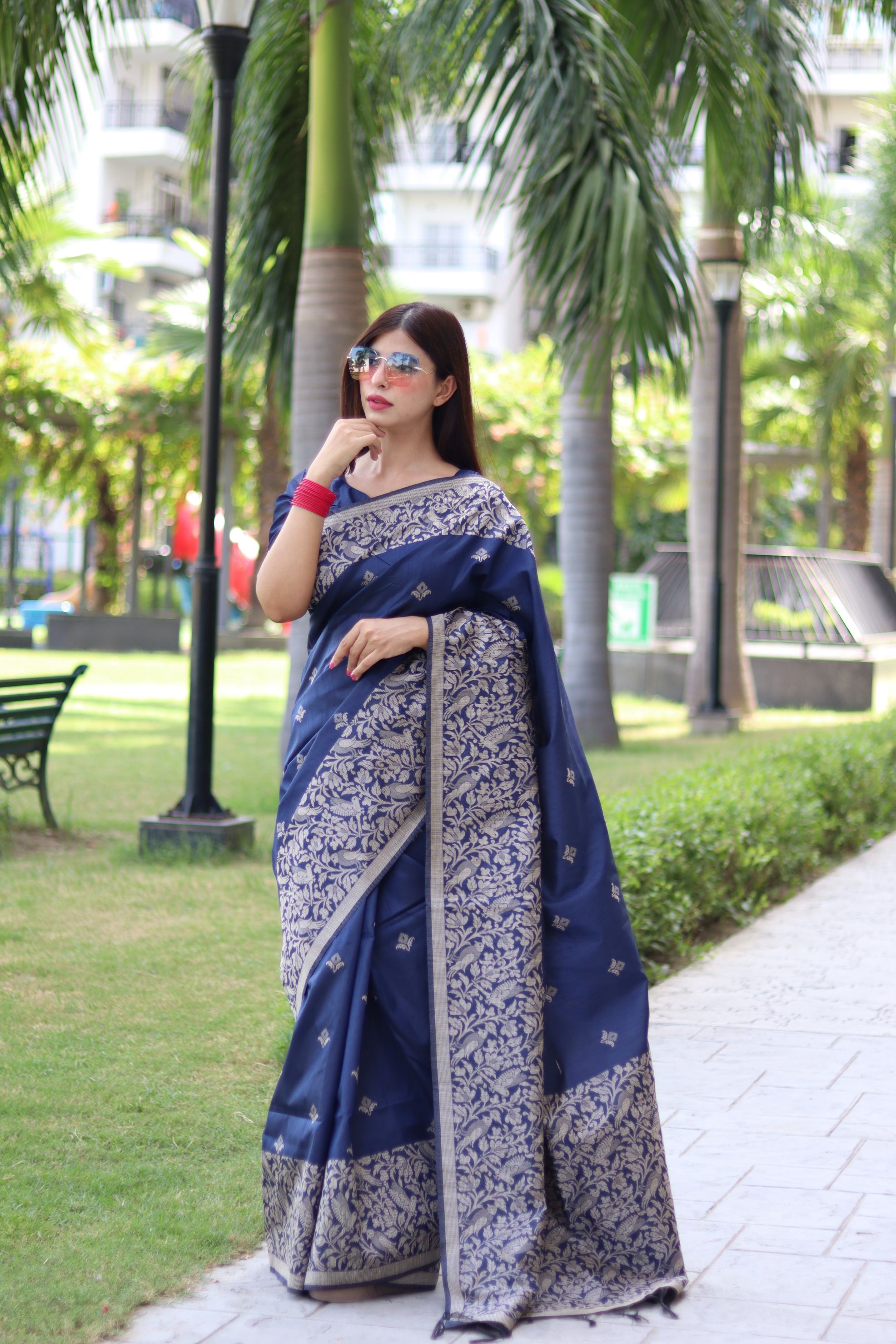 Vsaree Navy Blue Raw Silk Saree With All over weaving Butties And weving pallu and Blouse