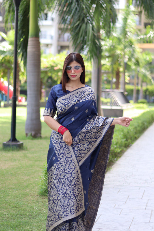 Vsaree Navy Blue Raw Silk Saree With All over weaving Butties And weving pallu and Blouse