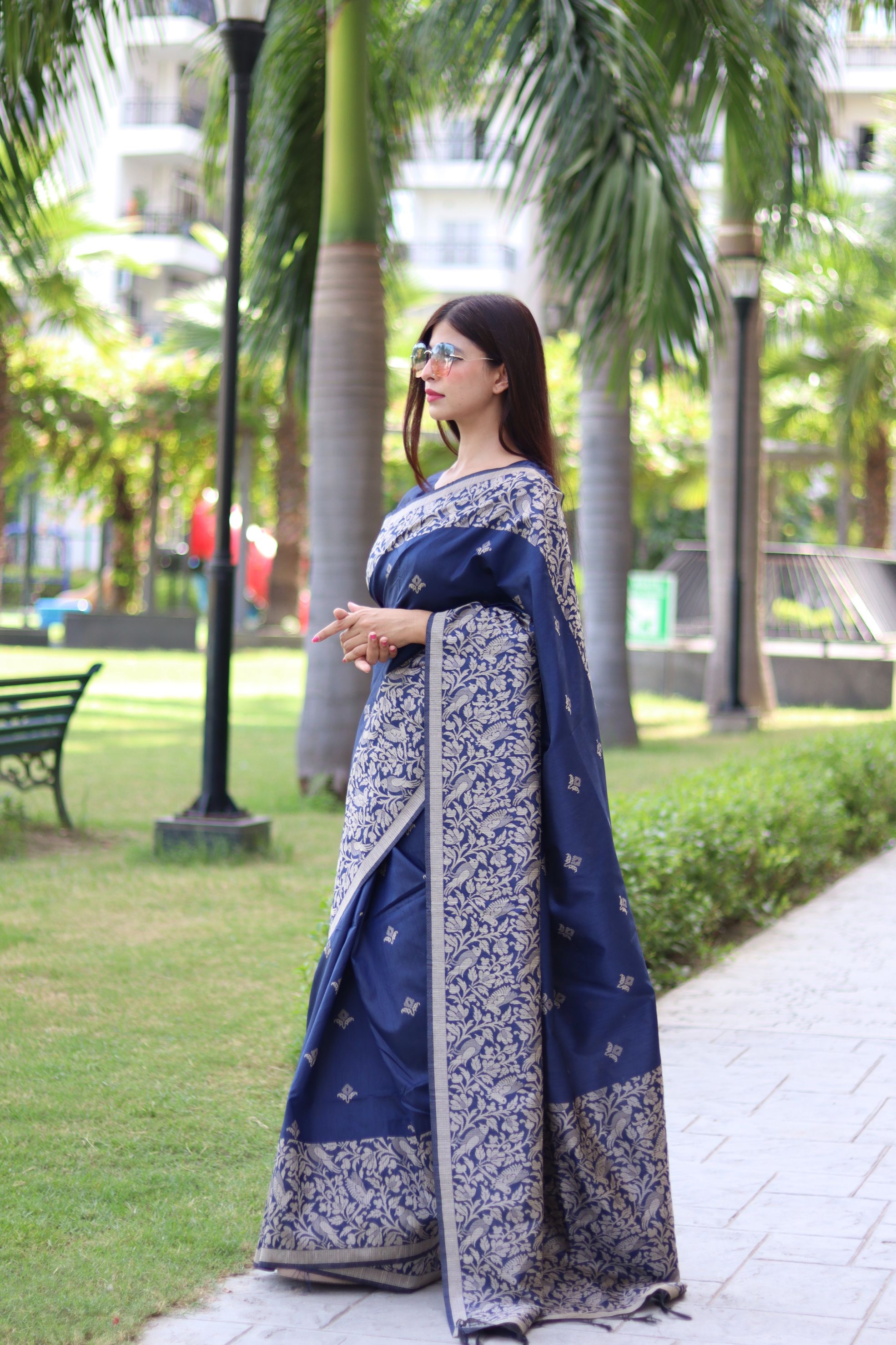 Vsaree Navy Blue Raw Silk Saree With All over weaving Butties And weving pallu and Blouse