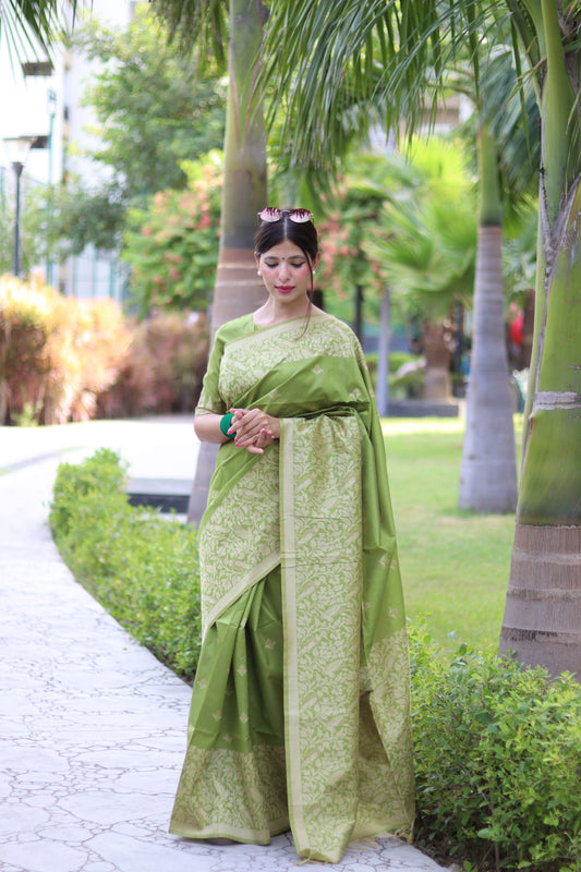 Vsaree Parrot Green Raw Silk Saree With All over weaving Butties And weving pallu and Blouse