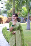 Vsaree Parrot Green Raw Silk Saree With All over weaving Butties And weving pallu and Blouse