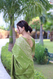 Vsaree Parrot Green Raw Silk Saree With All over weaving Butties And weving pallu and Blouse