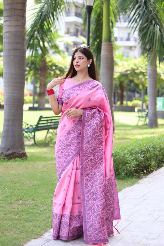 Vsaree Pink Raw Silk Saree With All over weaving Butties And weving pallu and Blouse