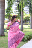 Vsaree Pink Raw Silk Saree With All over weaving Butties And weving pallu and Blouse