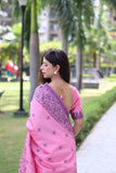 Vsaree Pink Raw Silk Saree With All over weaving Butties And weving pallu and Blouse