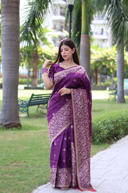 Vsaree Purple Raw Silk Saree With All over weaving Butties And weving pallu and Blouse