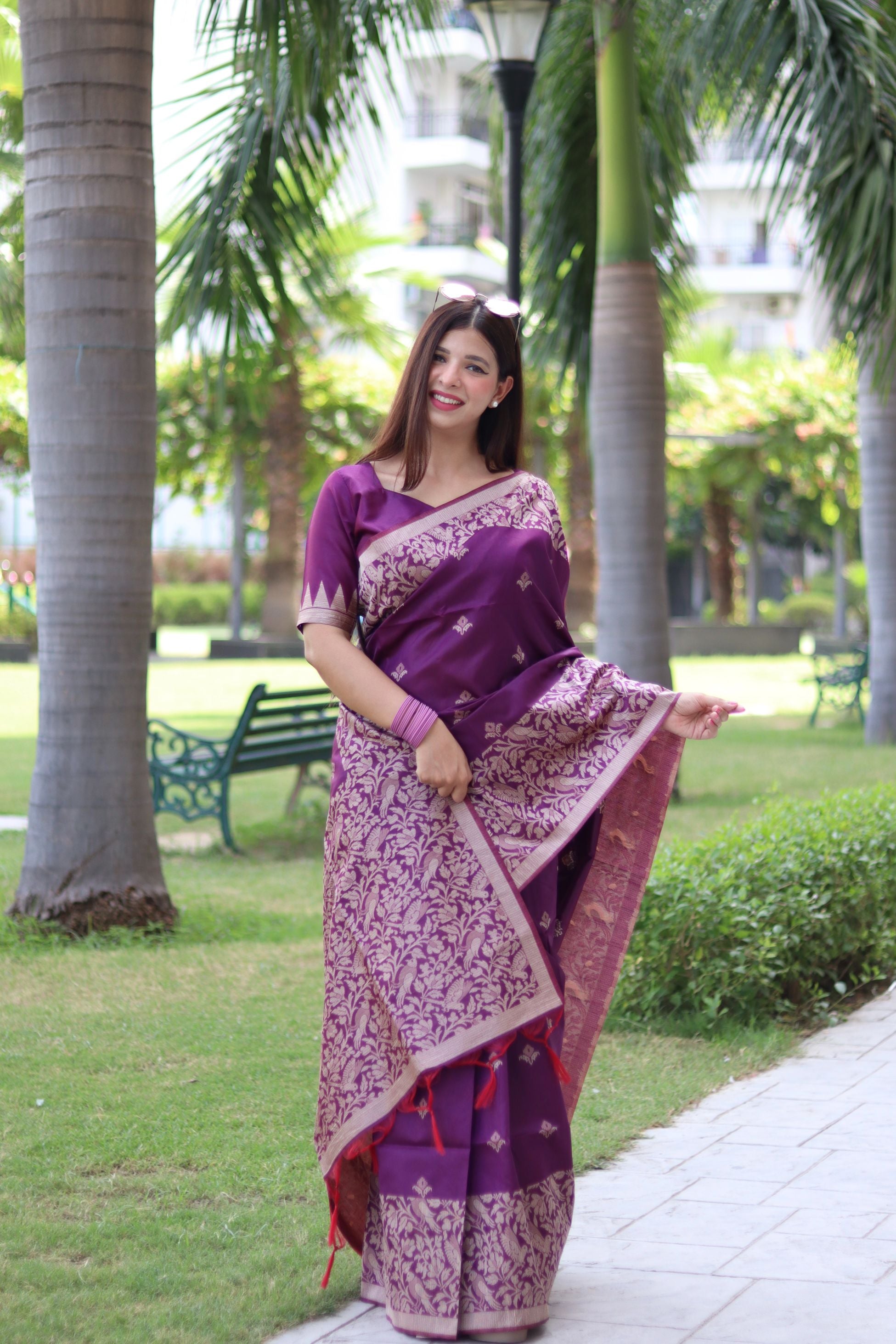 Vsaree Purple Raw Silk Saree With All over weaving Butties And weving pallu and Blouse