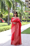 Vsaree Red Raw Silk Saree With All over weaving Butties And weving pallu and Blouse