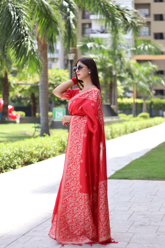 Vsaree Red Raw Silk Saree With All over weaving Butties And weving pallu and Blouse