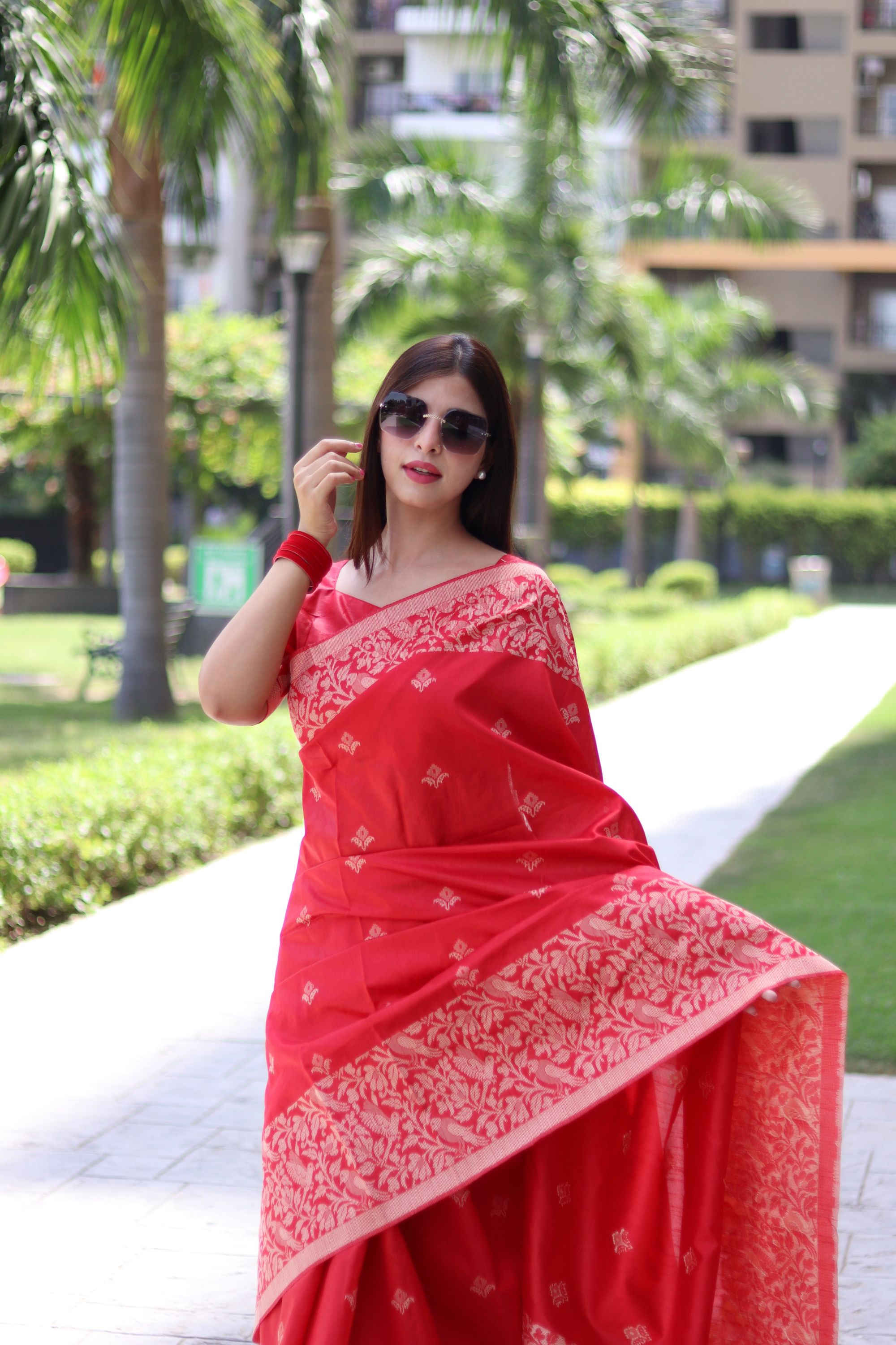 Vsaree Red Raw Silk Saree With All over weaving Butties And weving pallu and Blouse