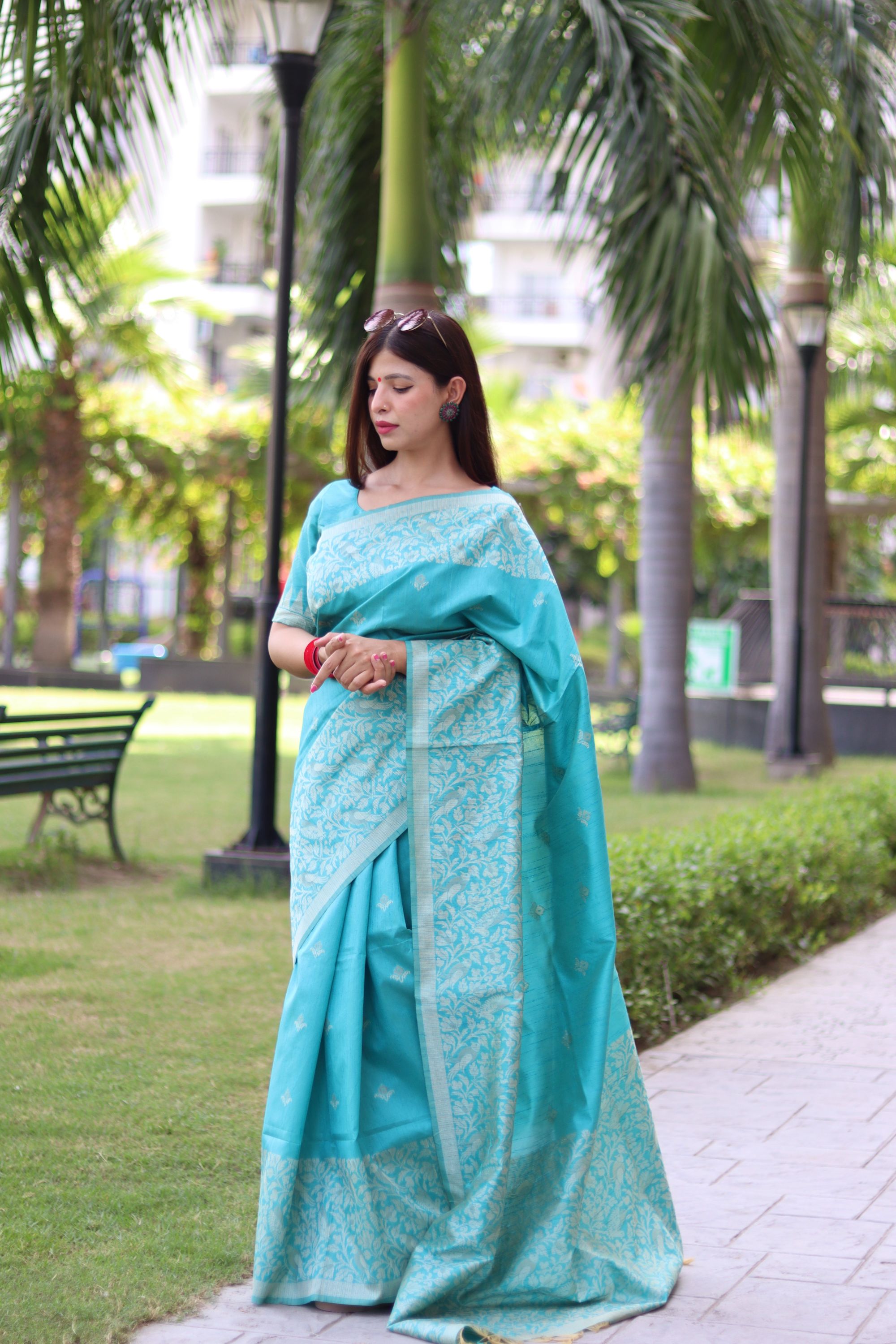 Vsaree Sky Blue Raw Silk Saree With All over weaving Butties And weving pallu and Blouse