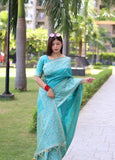 Vsaree Sky Blue Raw Silk Saree With All over weaving Butties And weving pallu and Blouse