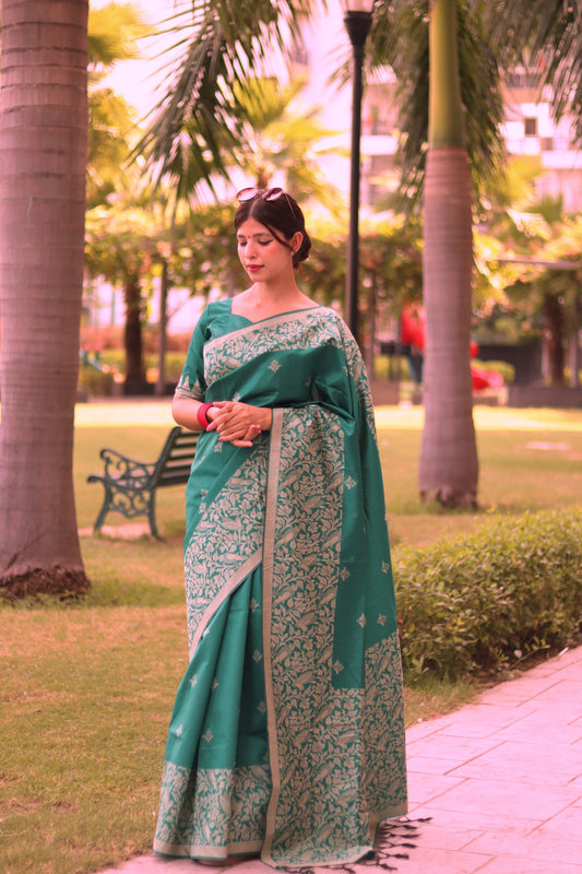 Vsaree Teal Raw Silk Saree With All over weaving Butties And weving pallu and Blouse