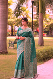 Vsaree Teal Raw Silk Saree With All over weaving Butties And weving pallu and Blouse