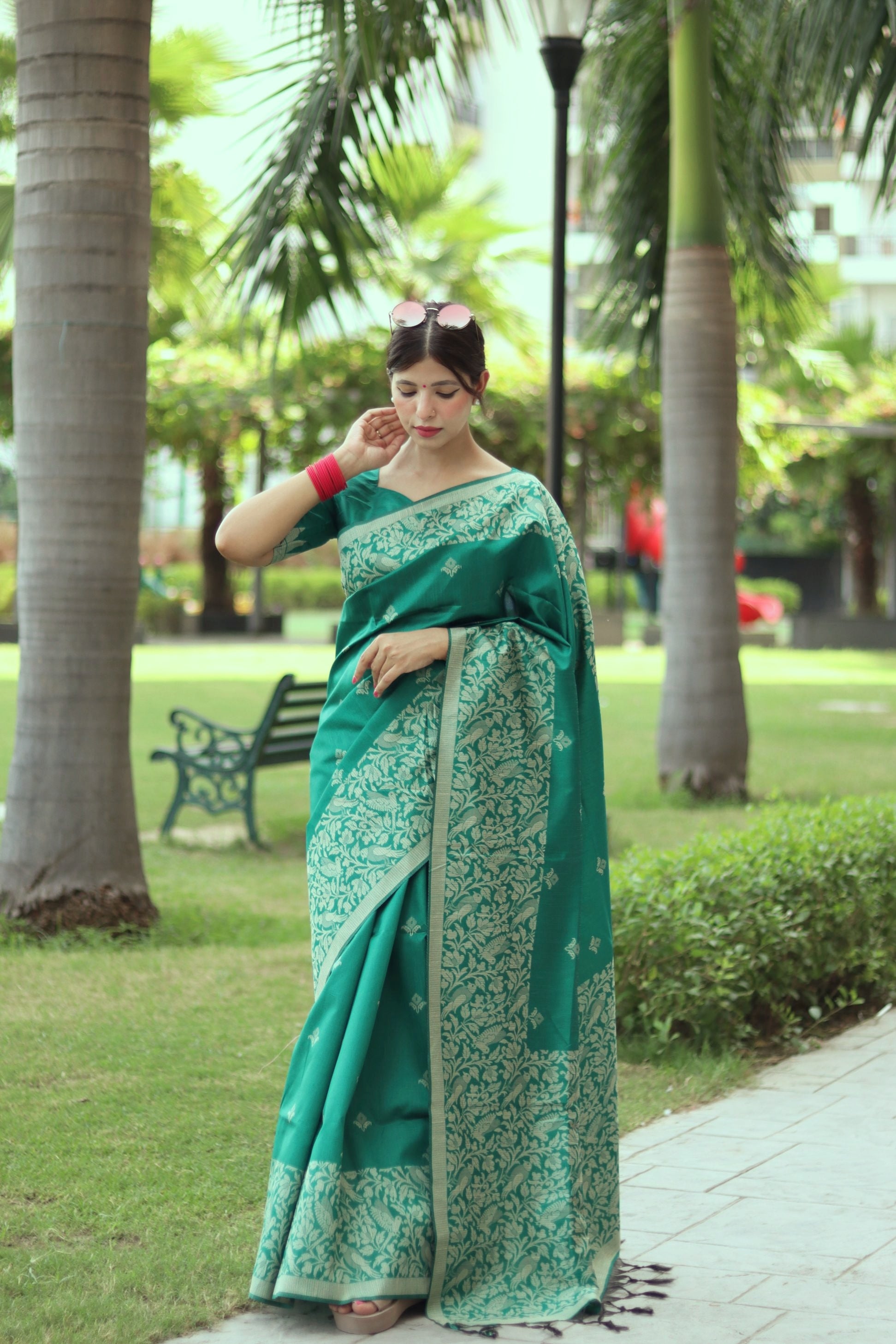 Vsaree Teal Raw Silk Saree With All over weaving Butties And weving pallu and Blouse