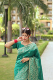 Vsaree Teal Raw Silk Saree With All over weaving Butties And weving pallu and Blouse