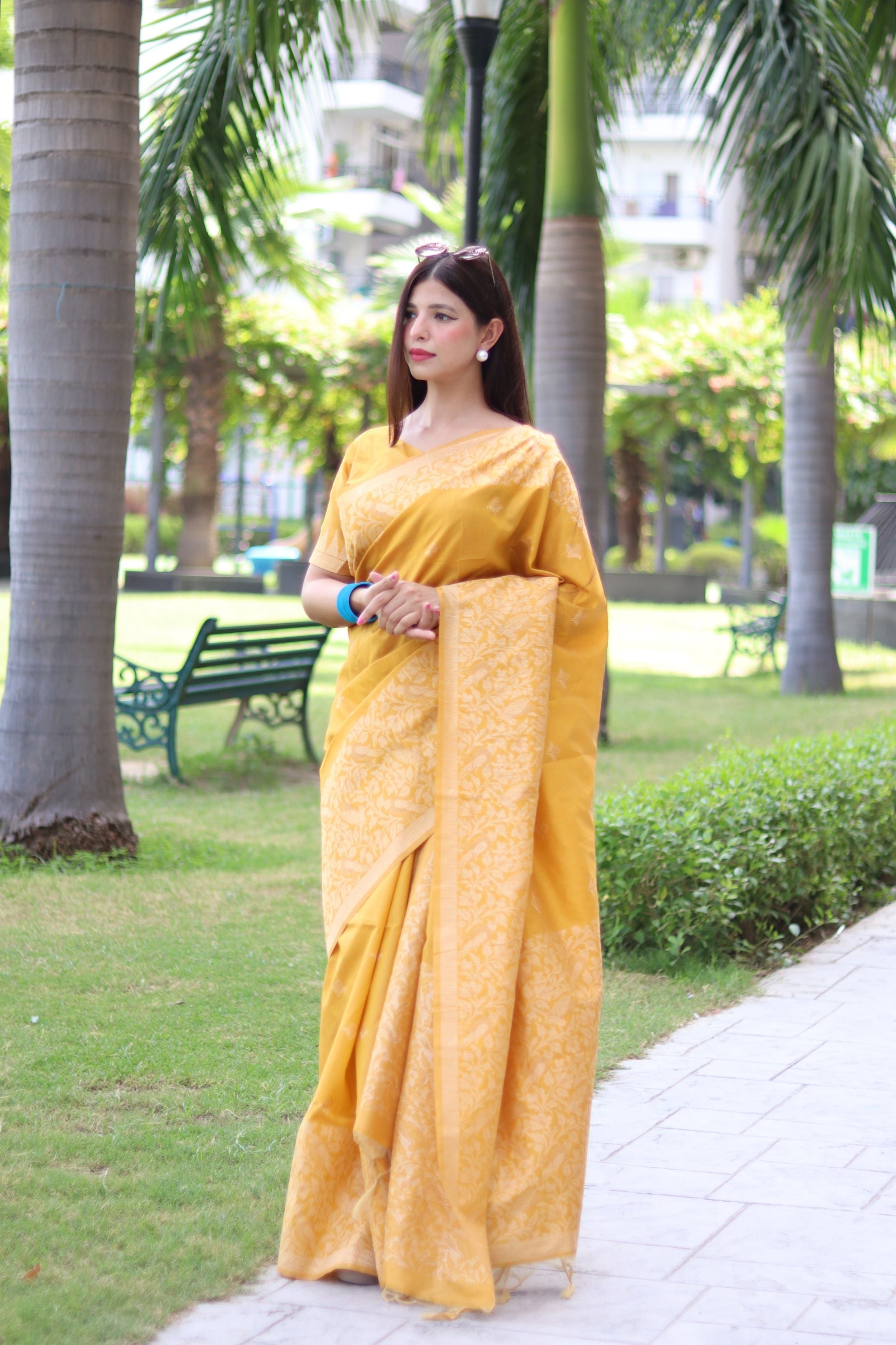 Vsaree Yellow Raw Silk Saree With All over weaving Butties And weving pallu and Blouse