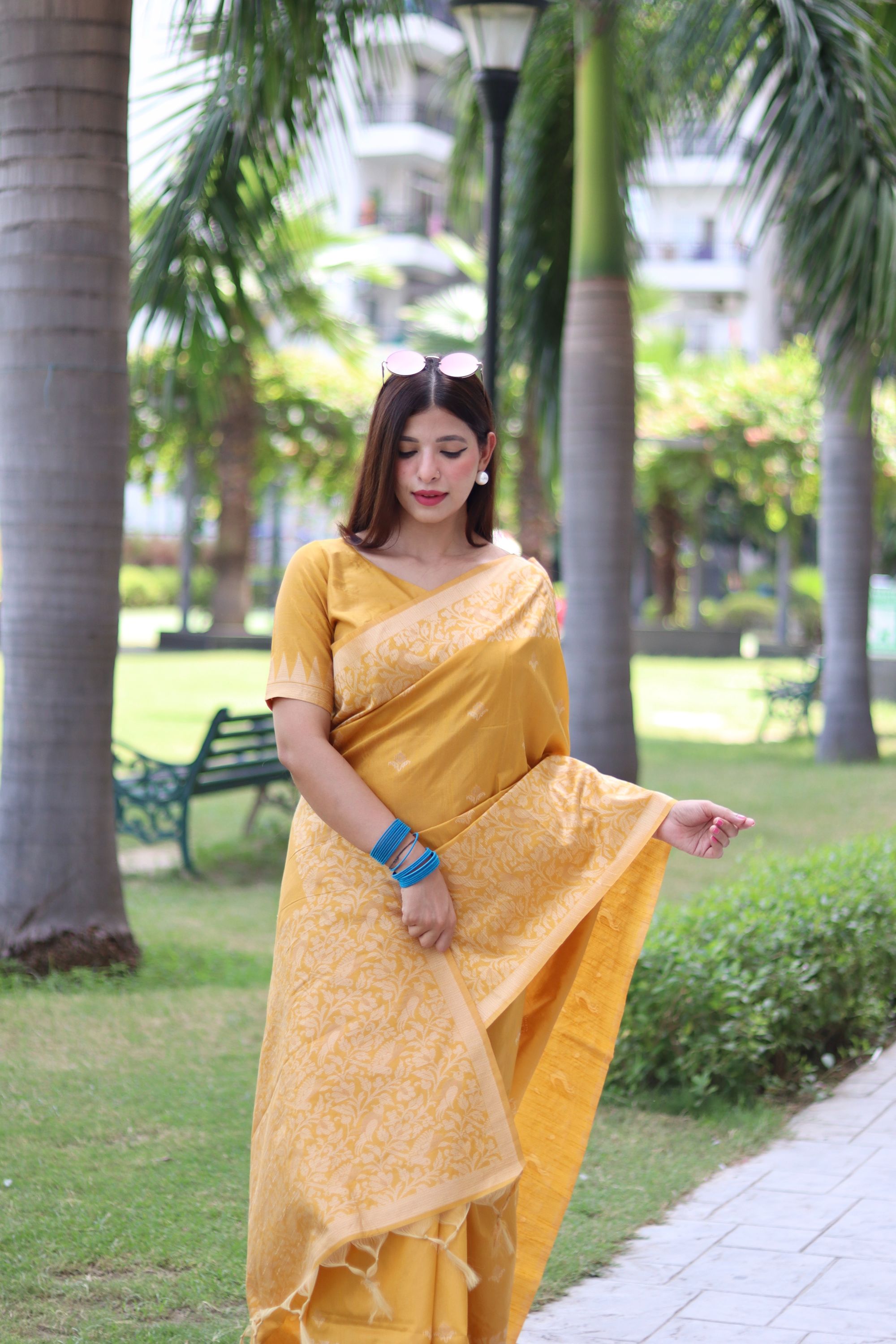 Vsaree Yellow Raw Silk Saree With All over weaving Butties And weving pallu and Blouse