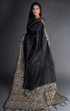 Vsaree Black Raw Silk Saree With Rich Pallu and Contrast Blouse Piece For Women