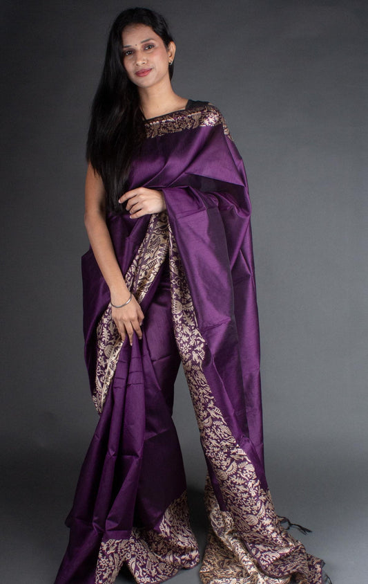 Vsaree Purple Raw Silk Saree With Rich Pallu and Contrast Blouse Piece For Women