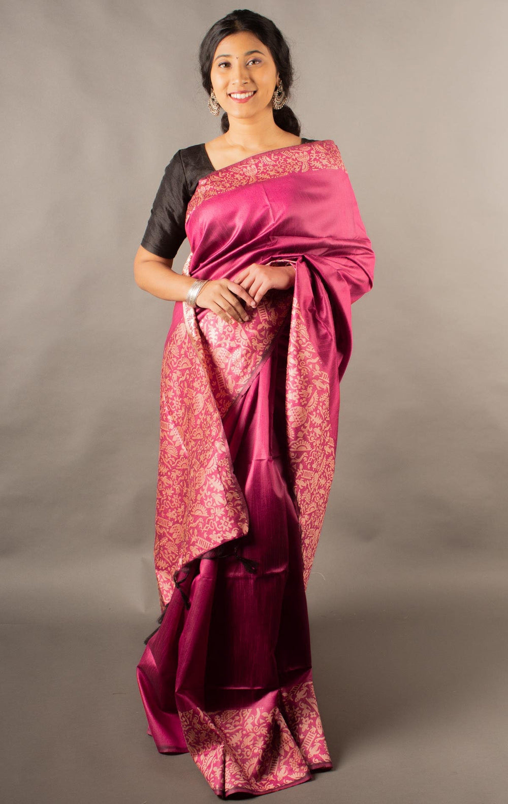 Vsaree Rani Pink Raw Silk Saree With Rich Pallu and Contrast Blouse Piece For Women