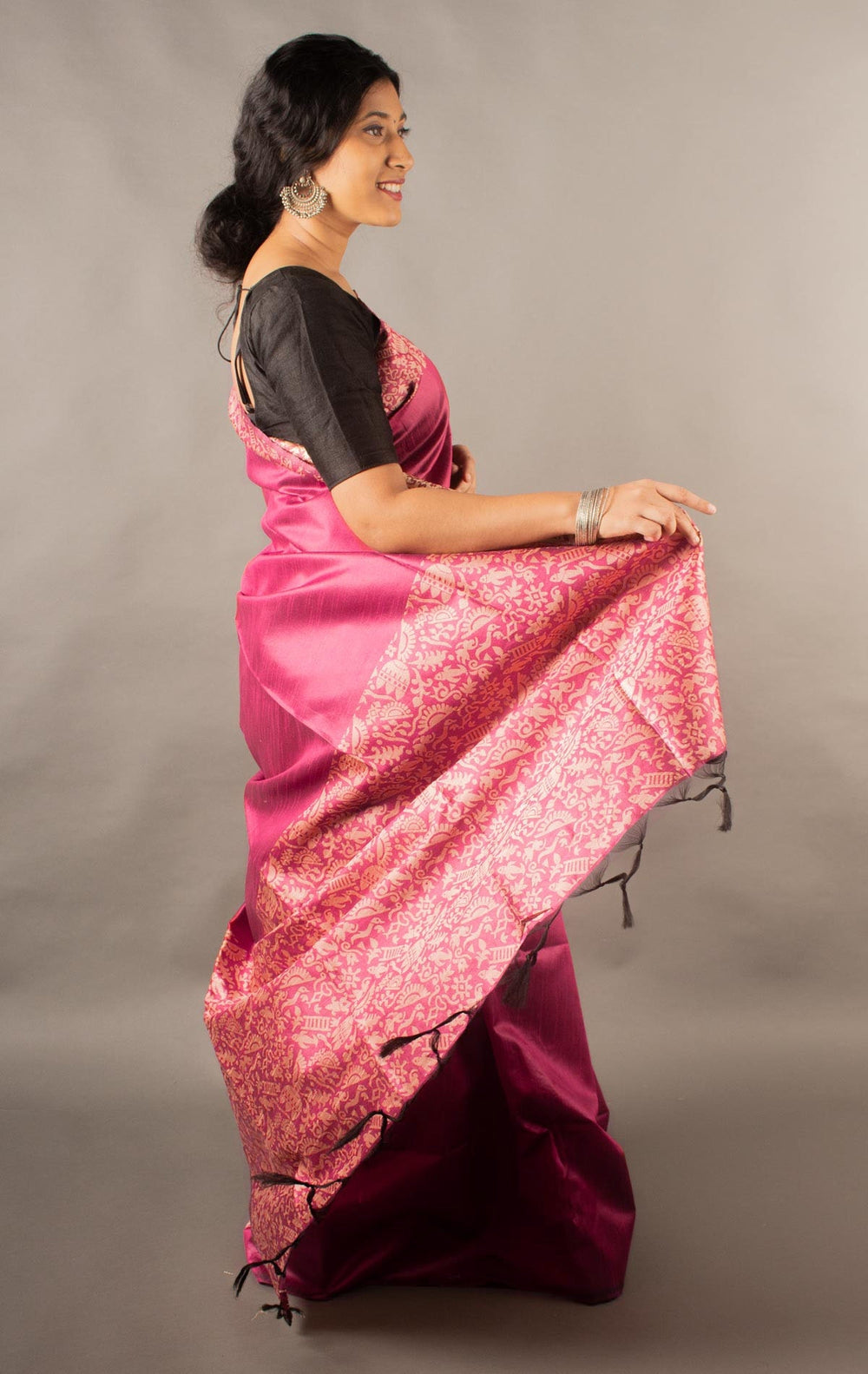 Vsaree Rani Pink Raw Silk Saree With Rich Pallu and Contrast Blouse Piece For Women