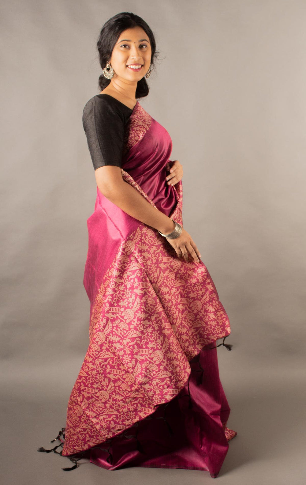 Vsaree Rani Pink Raw Silk Saree With Rich Pallu and Contrast Blouse Piece For Women