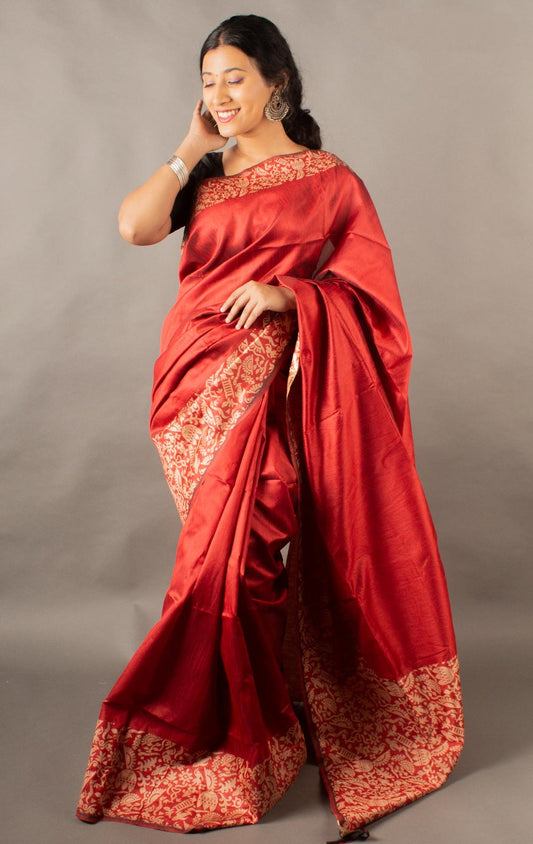 Vsaree Red Raw Silk Saree With Rich Pallu and Contrast Blouse Piece For Women