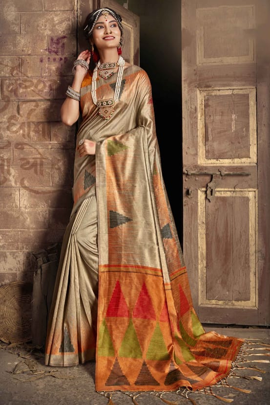 Vsaree Chiku raw silk weaving saree And zari woven contrast colour pallu and triangal border with blouse piece