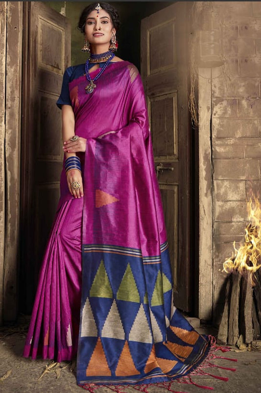 Vsaree Purple raw silk weaving saree And zari woven contrast colour pallu and triangal border with blouse piece