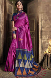 Vsaree Purple raw silk weaving saree And zari woven contrast colour pallu and triangal border with blouse piece