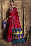 Vsaree Red raw silk weaving saree And zari woven contrast colour pallu and triangal border with blouse piece