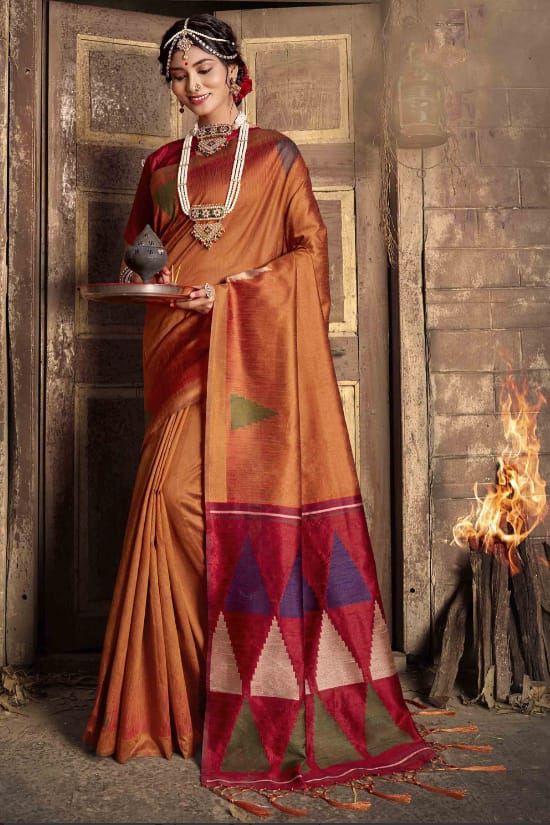 Vsaree Orange raw silk weaving saree And zari woven contrast colour pallu and triangal border with blouse piece