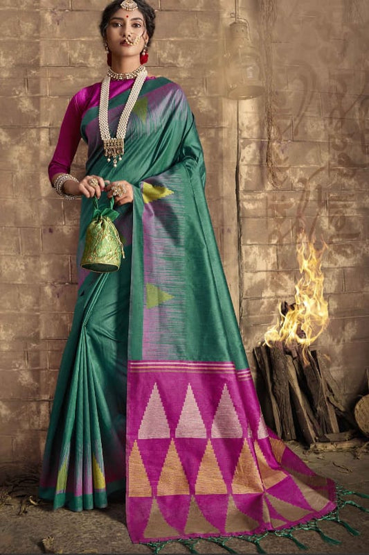 Vsaree Teal raw silk weaving saree And zari woven contrast colour pallu and triangal border with blouse piece