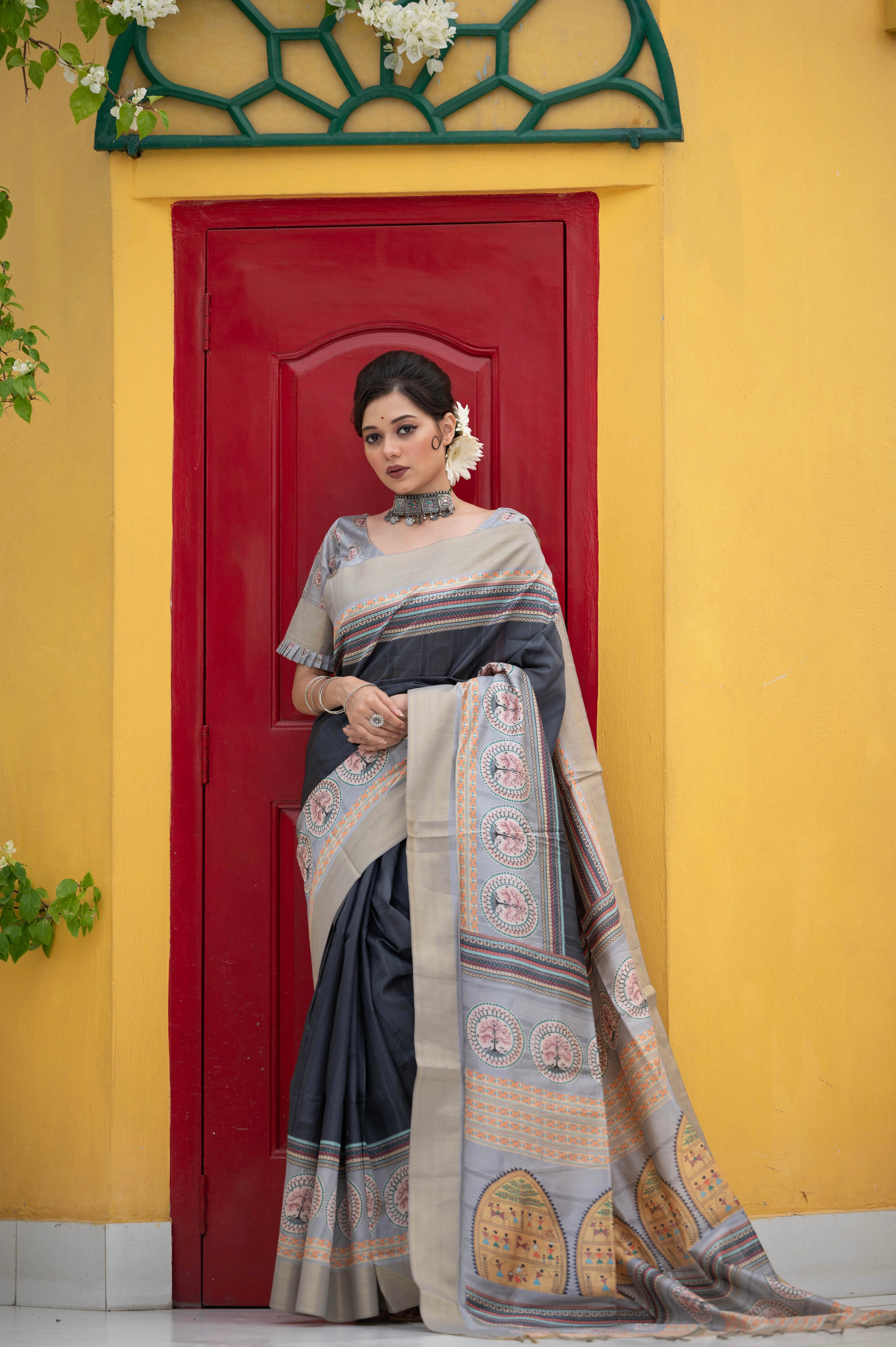 Vsaree Black Tussar Print Soft Saree with Zari Border And Printed pallu with printed Blouse