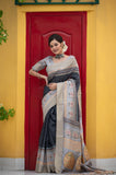 Vsaree Black Tussar Print Soft Saree with Zari Border And Printed pallu with printed Blouse