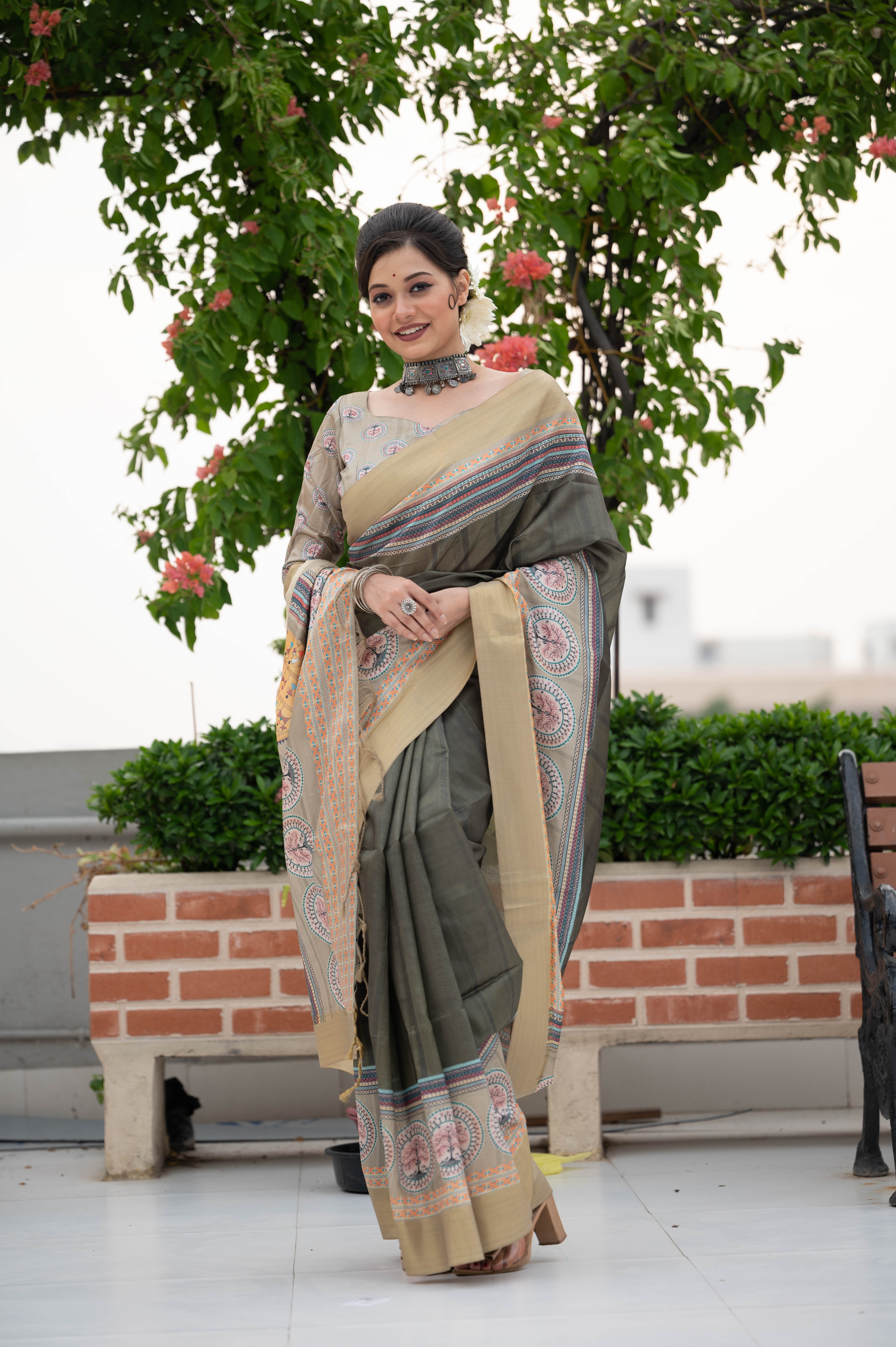 Vsaree Green Tussar Print Soft Saree with Zari Border And Printed pallu with printed Blouse