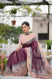 Vsaree Purple Tussar Print Soft Saree with Zari Border And Printed pallu with printed Blouse