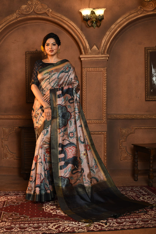 Vsaree Pink Tussar Silk Saree with Kalamkari Print and  soft zari pallu with Contrast Blouse Piece