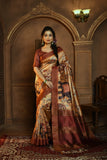 Vsaree Red Tussar Silk Saree with Kalamkari Print and  soft zari pallu with Contrast Blouse Piece