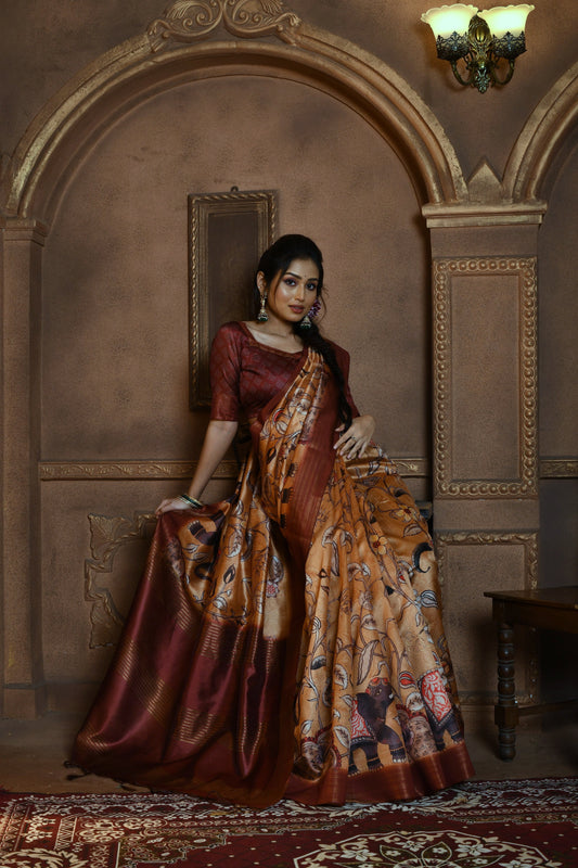 Vsaree Red Tussar Silk Saree with Kalamkari Print and  soft zari pallu with Contrast Blouse Piece