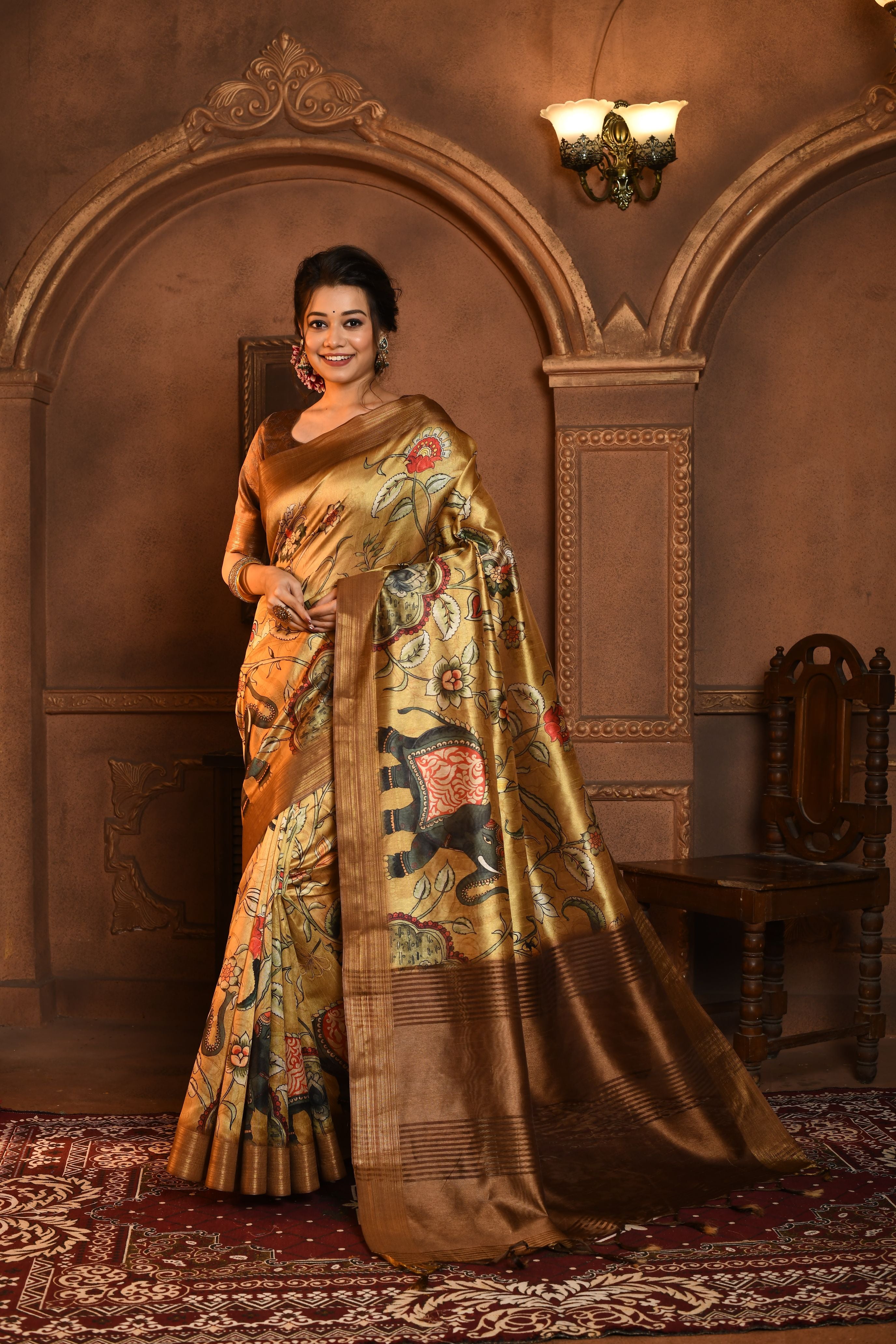 Vsaree Yellow  Tussar Silk Saree with Kalamkari Print and  soft zari pallu with Contrast Blouse Piece