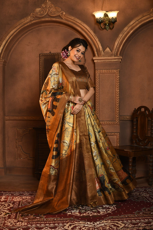 Vsaree Yellow  Tussar Silk Saree with Kalamkari Print and  soft zari pallu with Contrast Blouse Piece