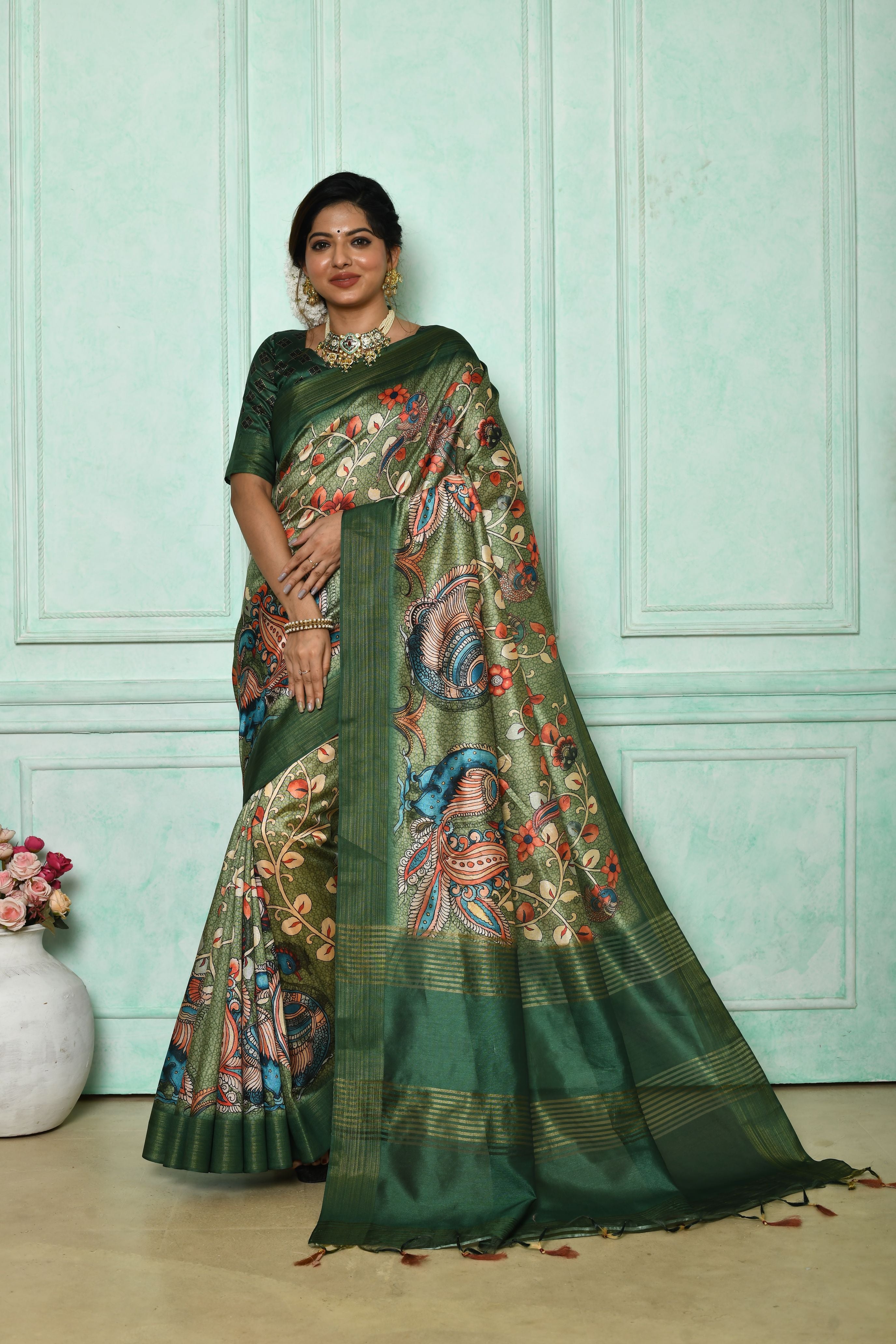 Vsaree Green Tussar Print Saree with  Kalamkari Print and soft zari pallu with Contrast Blouse