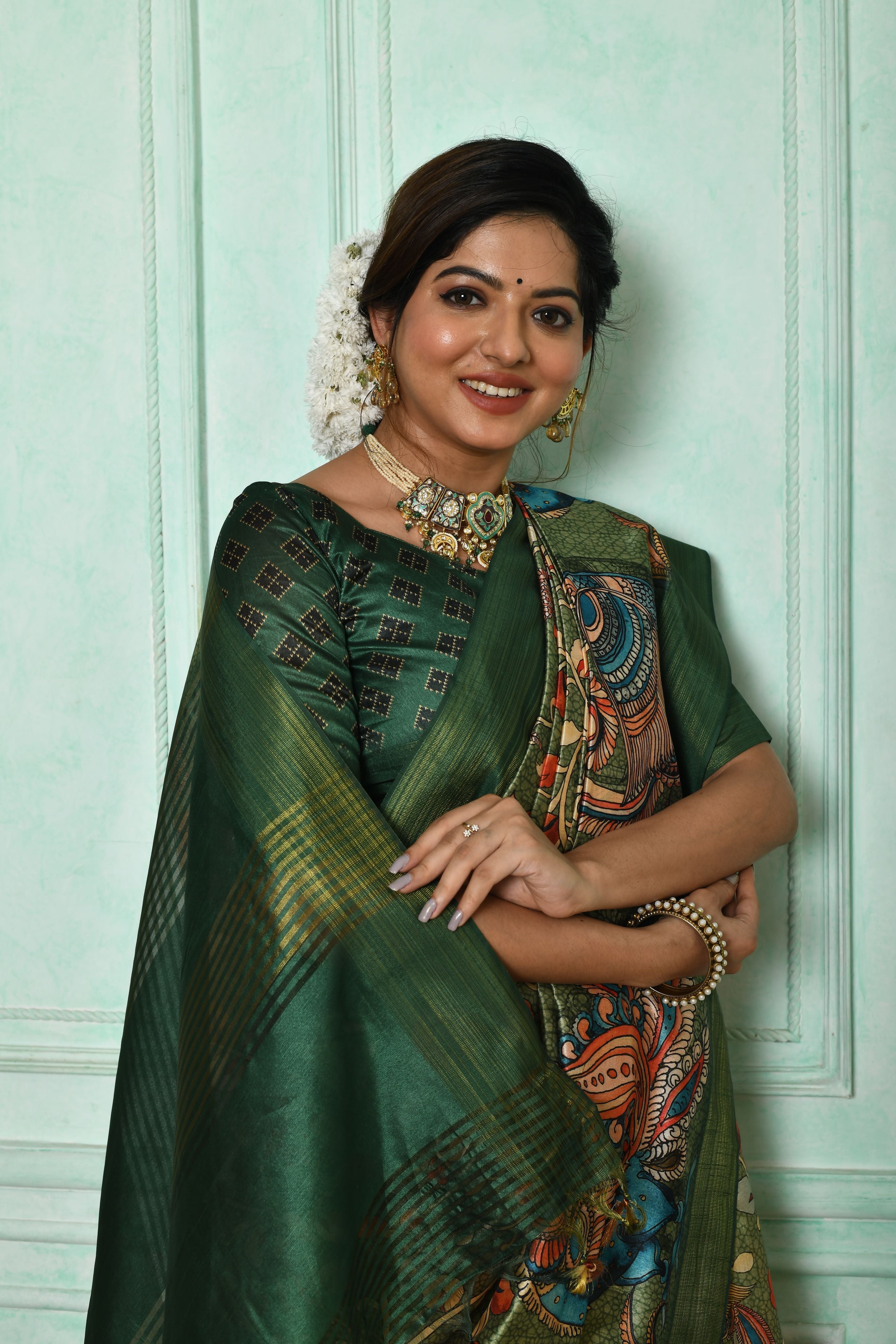 Vsaree Green Tussar Print Saree with  Kalamkari Print and soft zari pallu with Contrast Blouse